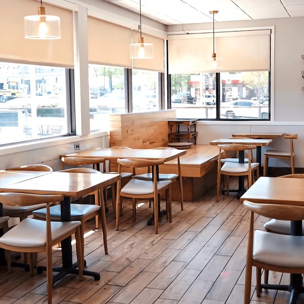 Cafe Mixx dining area with light wood tables, chairs, and flooring, illuminated by natural light.